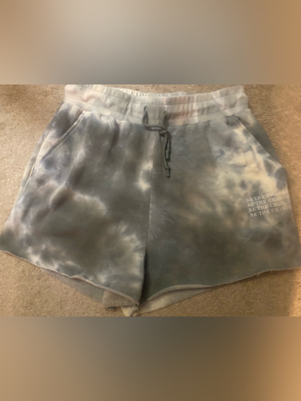 “Be the change” Tie-Dye Drawstring sweat Shorts in Muted Blue-Grey